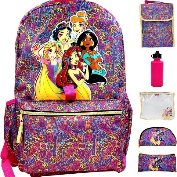 Disney Princess Vibrant 6 pcs Backpack Set with Pink and Gold Accents - Picture 4 of 7